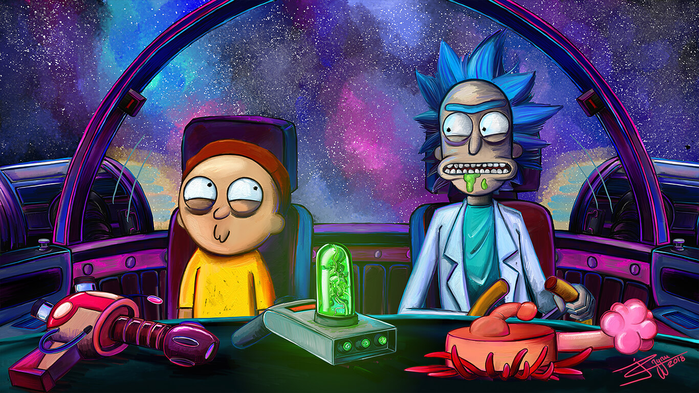 Rick y Morty viajando por el espacio